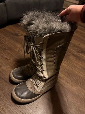 Sorel Tall Lace-Up Winter Boots with Gray Faux Fur Trim